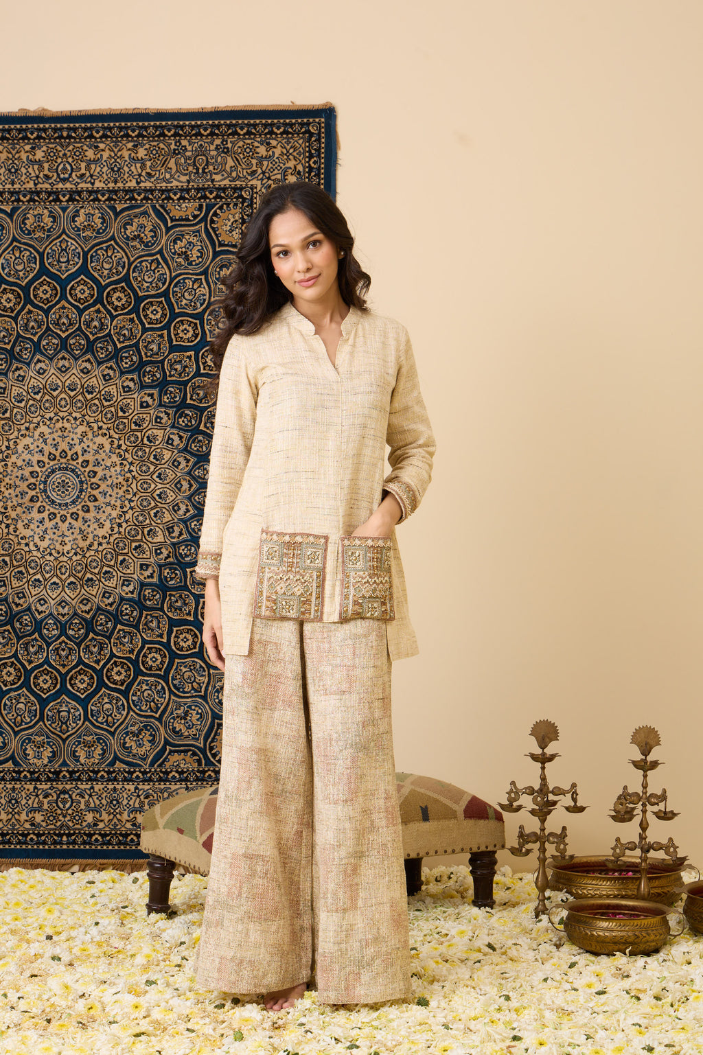 The 'Kapoor' Hand-Embroidered Bhagalpur Linen Silk Co-ord Set