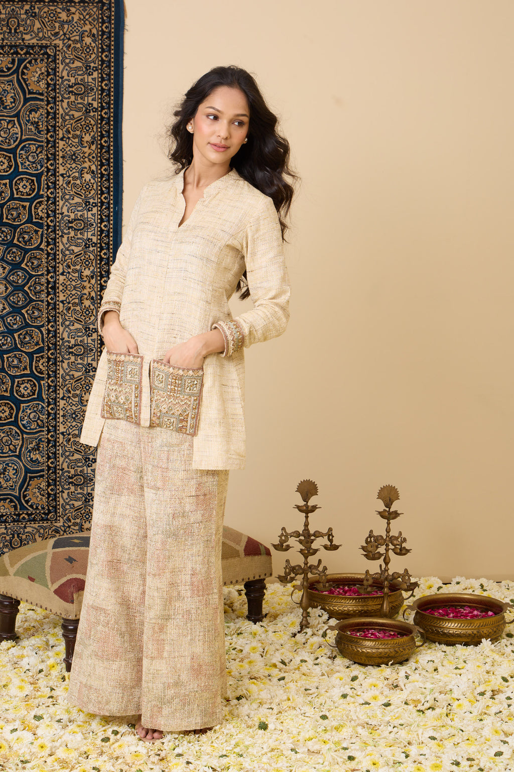 The 'Kapoor' Hand-Embroidered Bhagalpur Linen Silk Co-ord Set