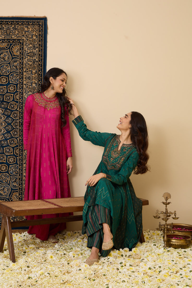 The 'Kamalam' Hand-Embroidered Malai Silk Anarkali Set