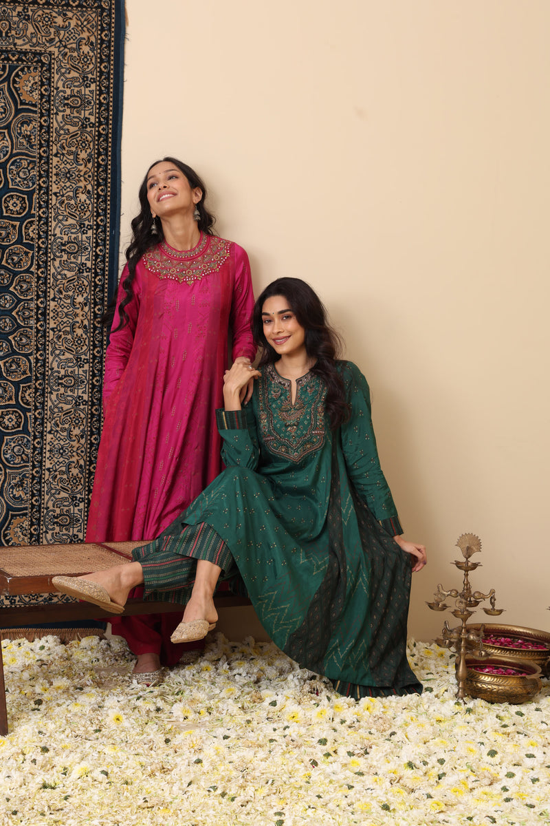The 'Kamalam' Hand-Embroidered Malai Silk Anarkali Set