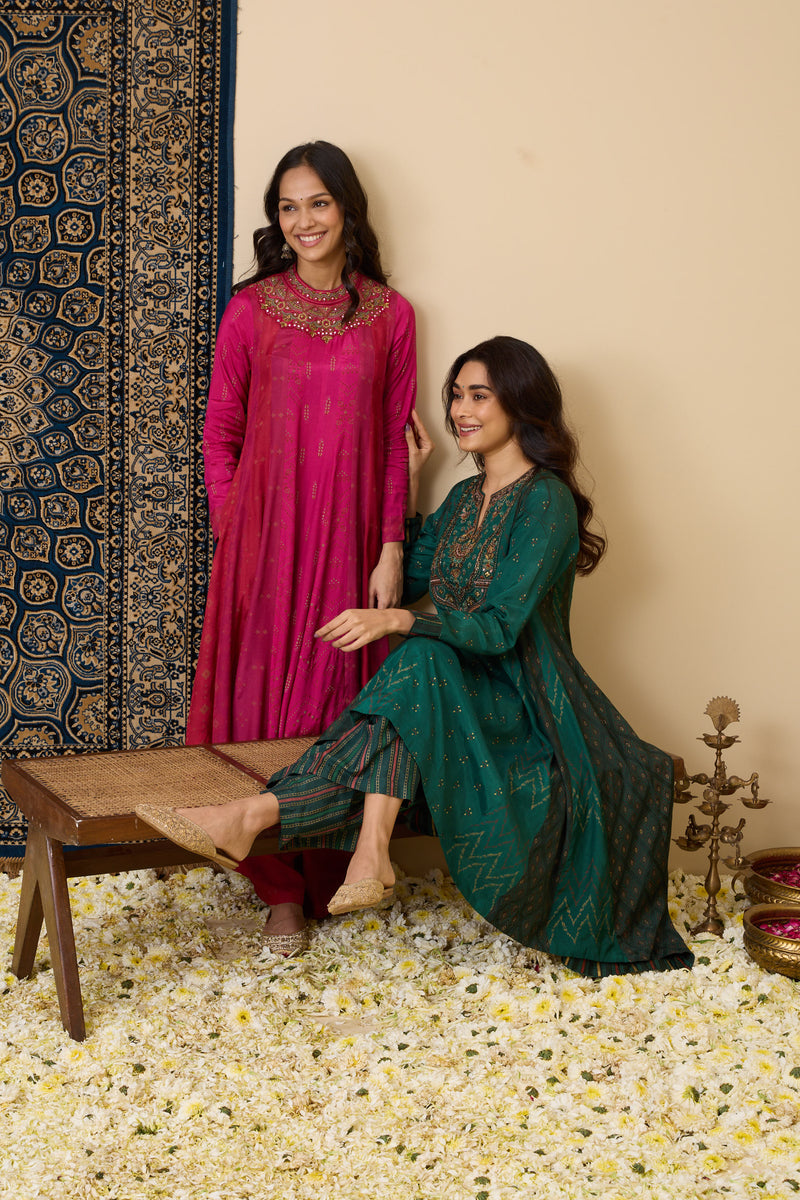 The 'Sitara' Hand-Embroidered Malai Silk Anarkali Set