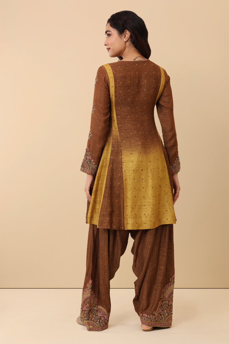 The 'Kesariya' Hand-Embroidered Satin Slub Dhoti Set - Ilaara Studio