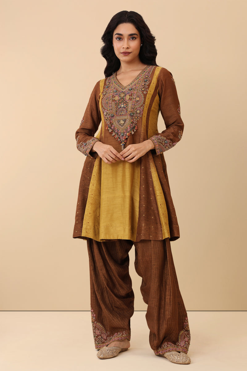 The 'Kesariya' Hand-Embroidered Satin Slub Dhoti Set - Ilaara Studio