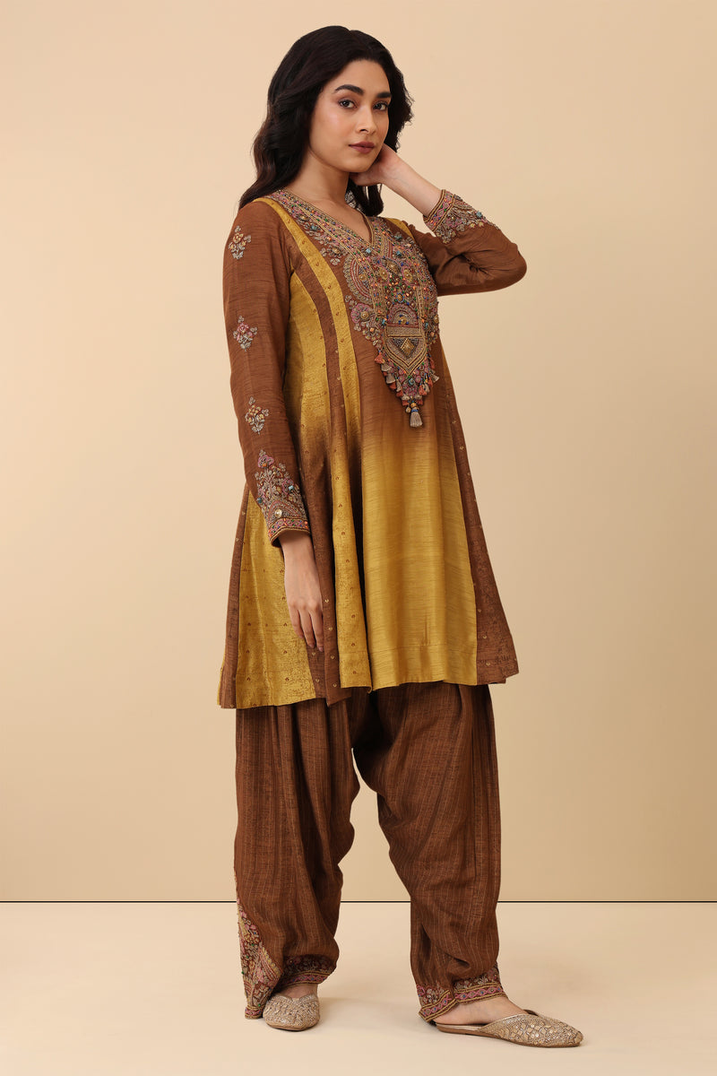 The 'Kesariya' Hand-Embroidered Satin Slub Dhoti Set - Ilaara Studio