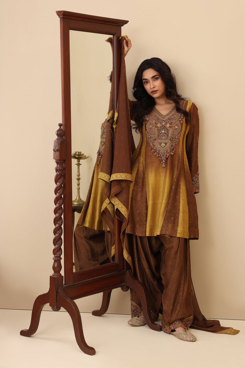 The 'Kesariya' Hand-Embroidered Satin Slub Dhoti Set - Ilaara Studio