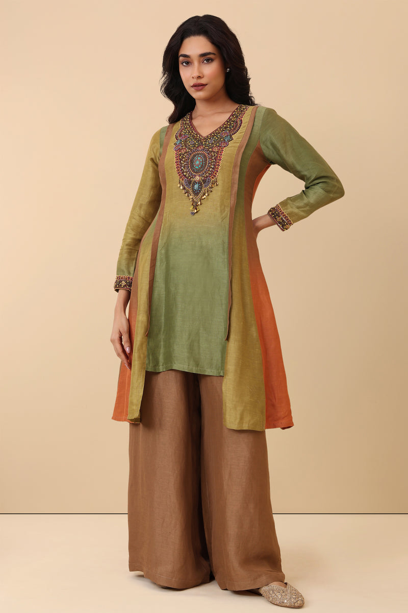 The 'Chandan' Hand-Embroidered Linen Satin Kurta Set - Ilaara Studio