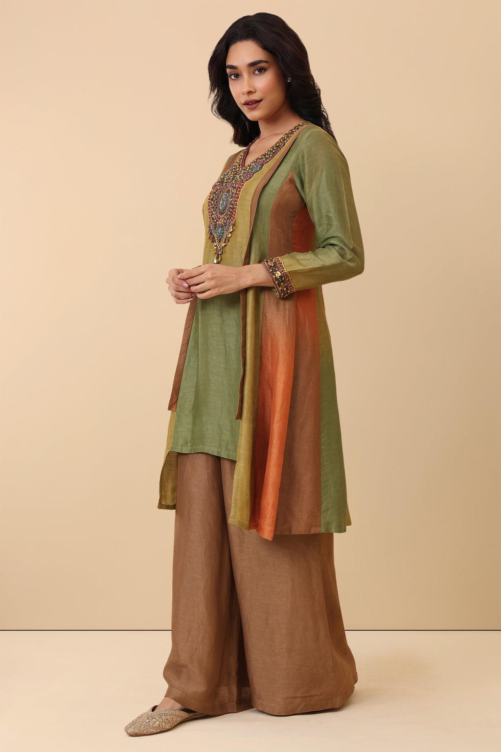 The 'Chandan' Hand-Embroidered Linen Satin Kurta Set - Ilaara Studio