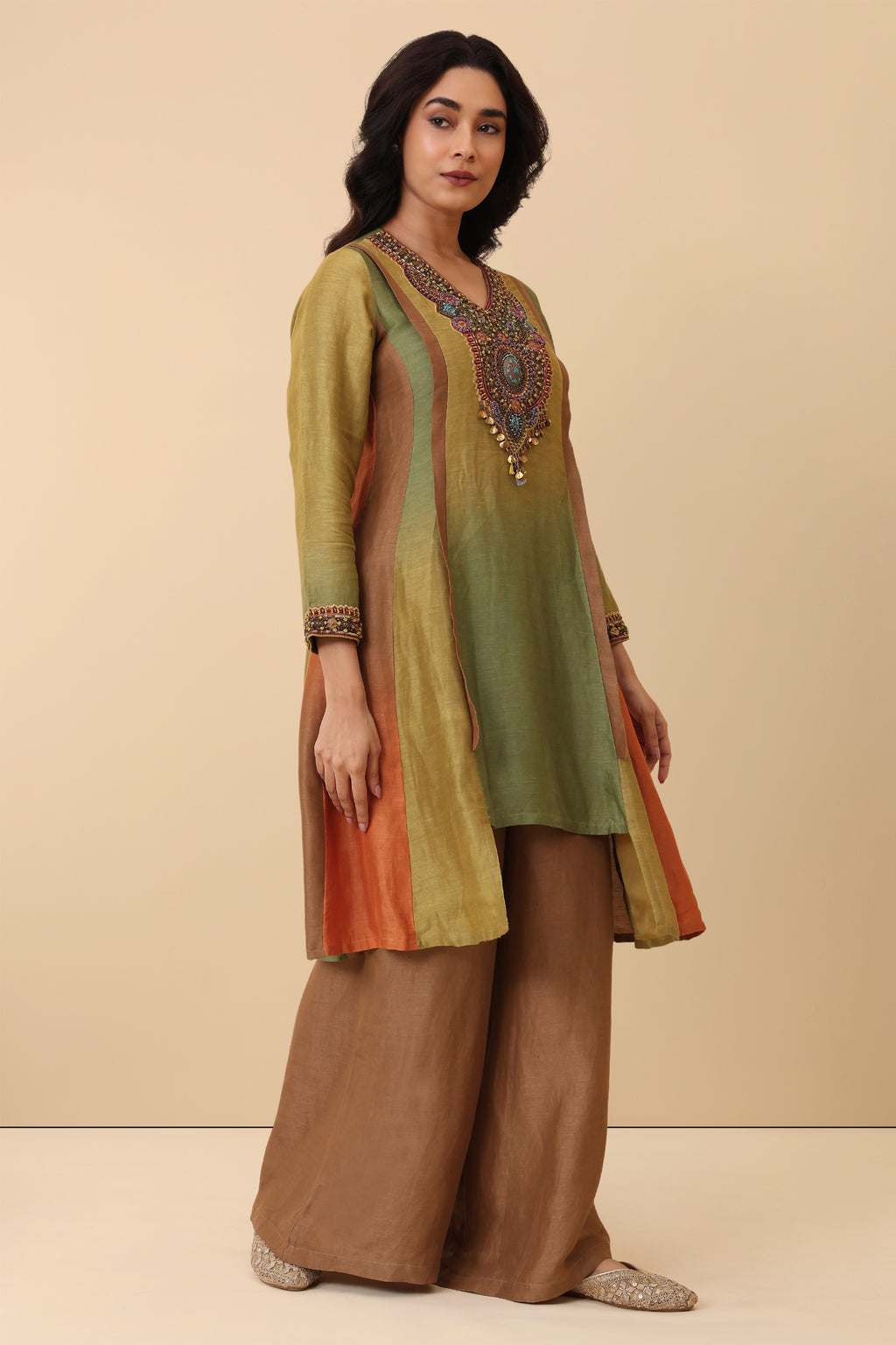 The 'Chandan' Hand-Embroidered Linen Satin Kurta Set - Ilaara Studio