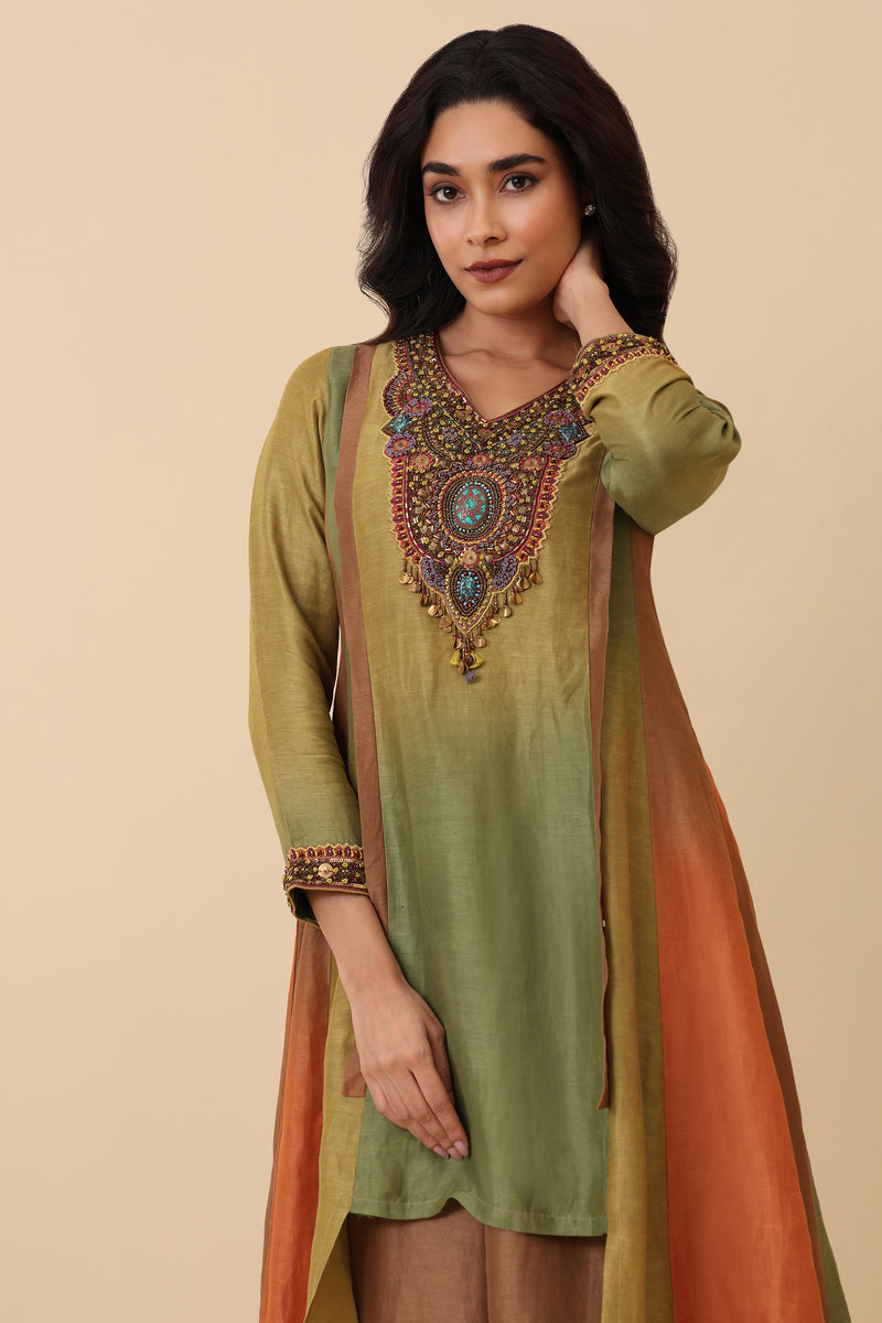 The 'Chandan' Hand-Embroidered Linen Satin Kurta Set - Ilaara Studio