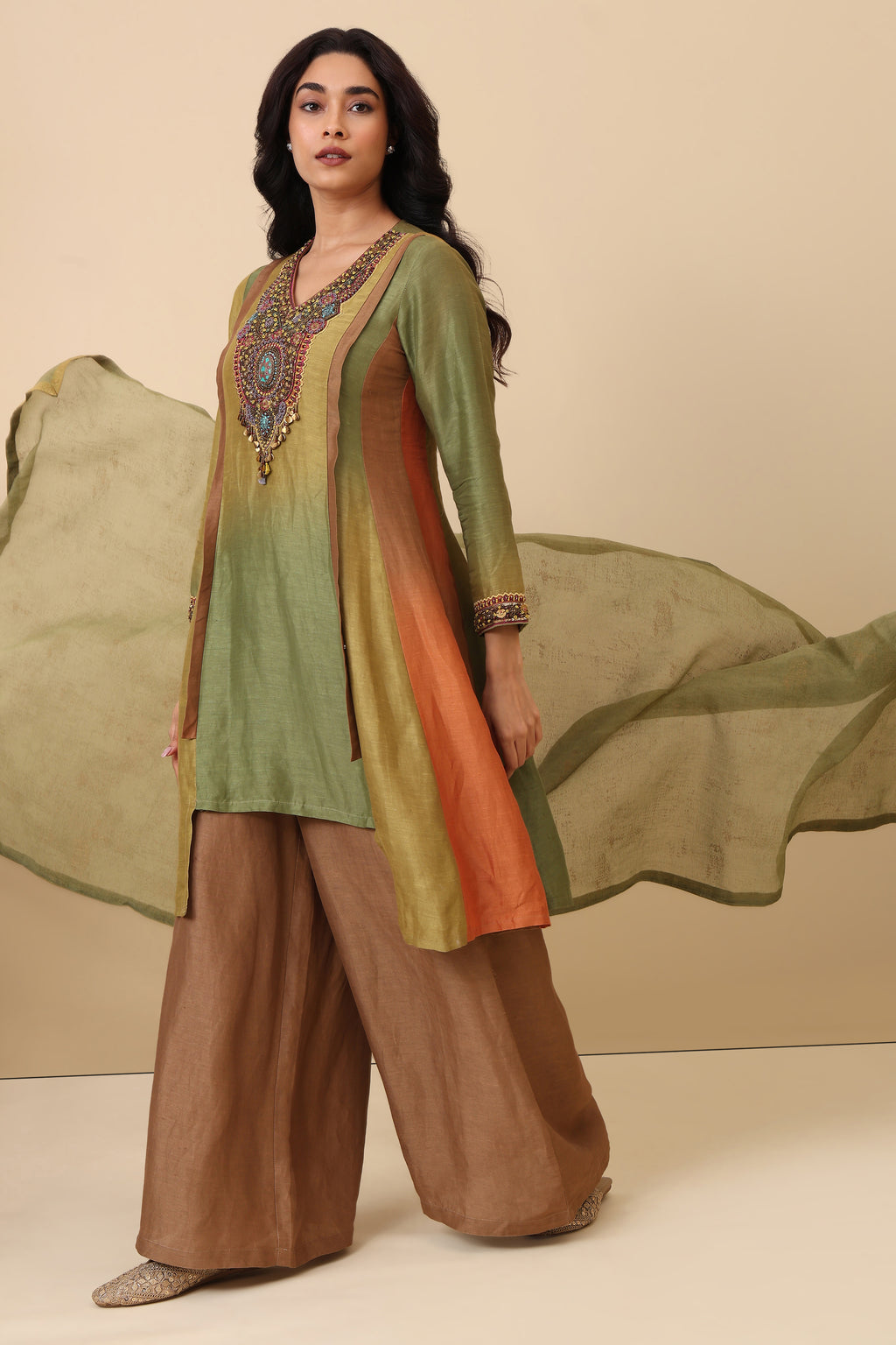 The 'Chandan' Hand-Embroidered Linen Satin Kurta Set - Ilaara Studio