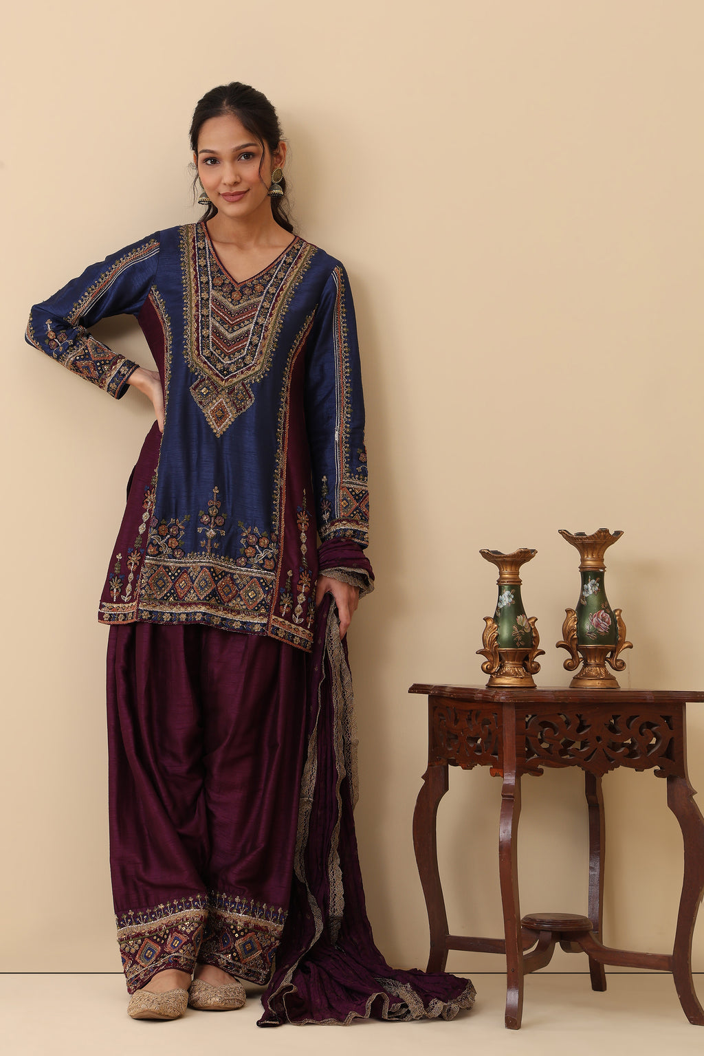 The 'Tarana' Hand-Embroidered Satin Slub Dhoti Set - Ilaara Studio