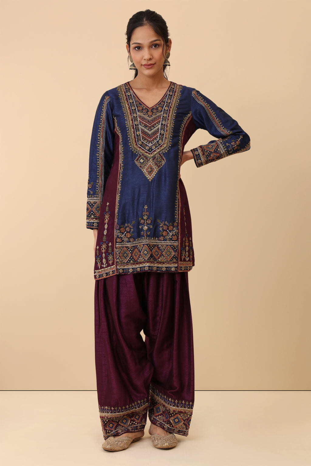 The 'Tarana' Hand-Embroidered Satin Slub Dhoti Set - Ilaara Studio