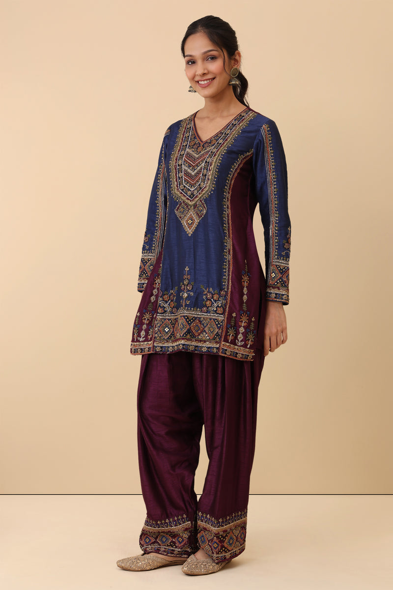 The 'Tarana' Hand-Embroidered Satin Slub Dhoti Set - Ilaara Studio
