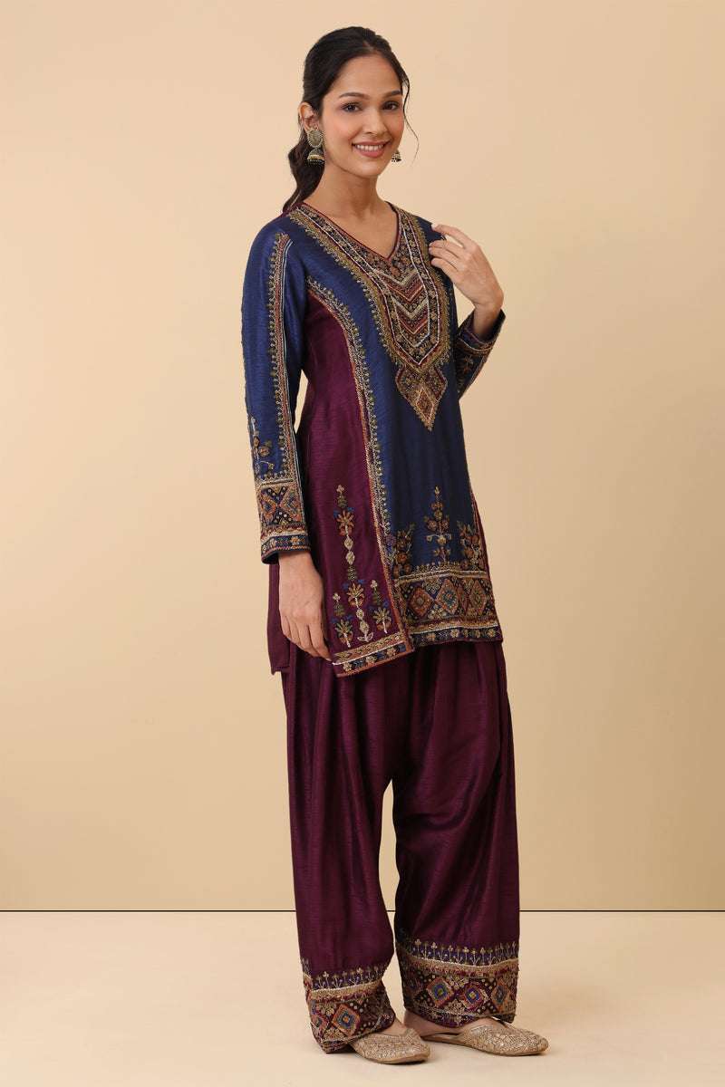The 'Tarana' Hand-Embroidered Satin Slub Dhoti Set - Ilaara Studio