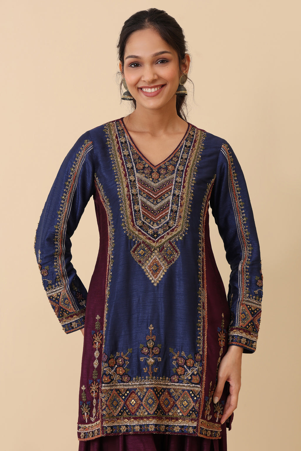 The 'Tarana' Hand-Embroidered Satin Slub Dhoti Set - Ilaara Studio