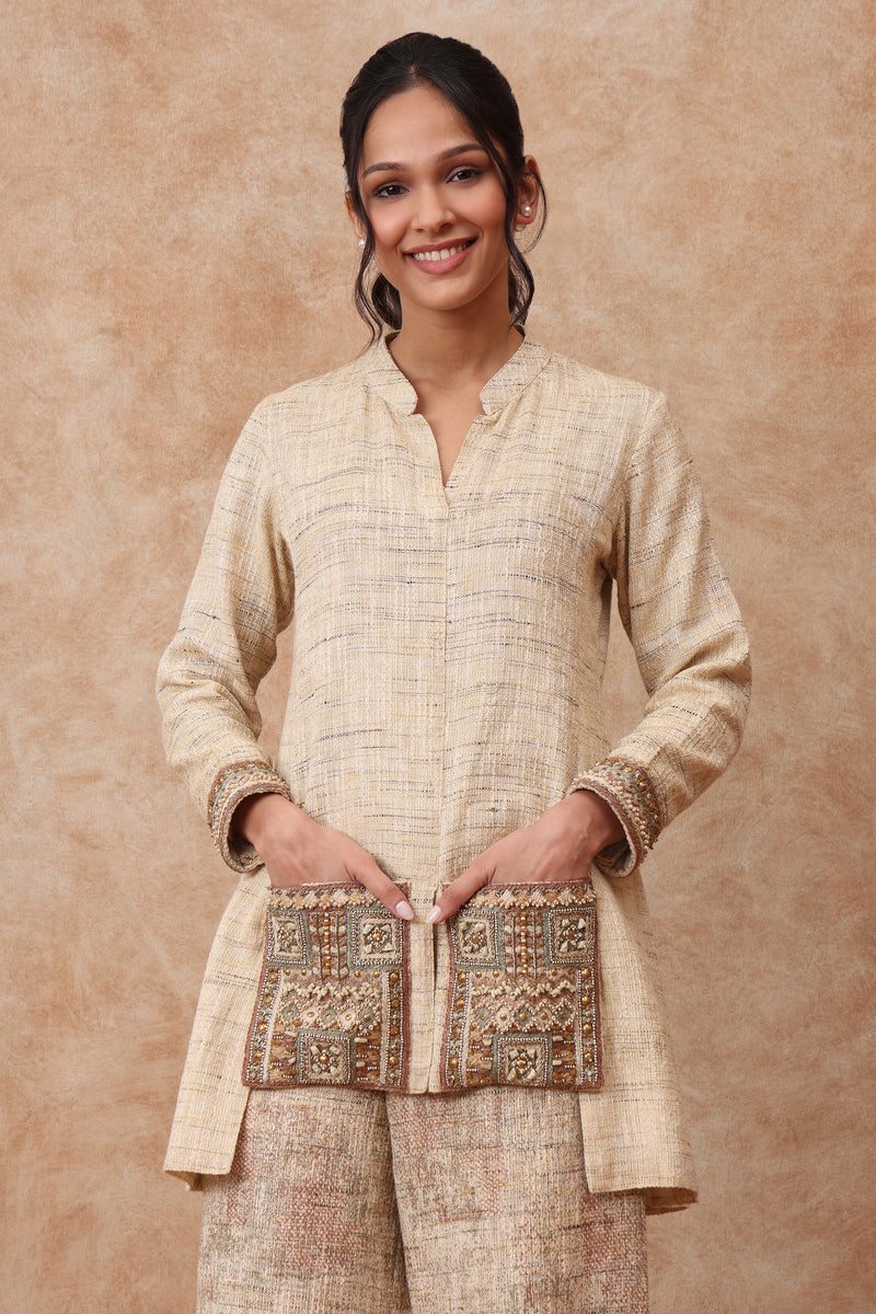 The 'Rajnigandha' Hand-Embroidered Bhagalpur Linen Silk Co-ord Set - Ilaara Studio