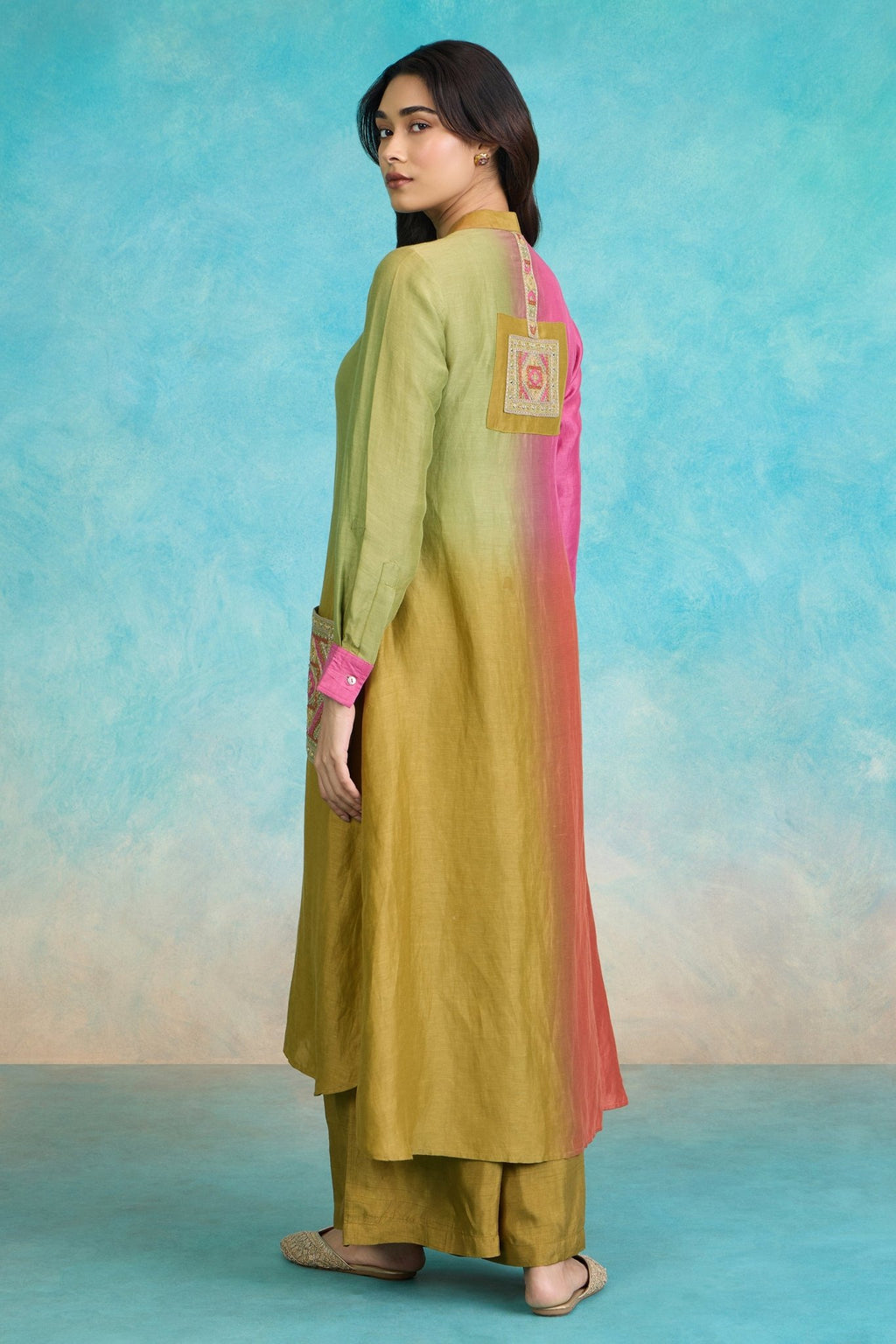 The 'Meher' Colorblock Linen - Satin Long Kurta - Palazzo Set - ilaara