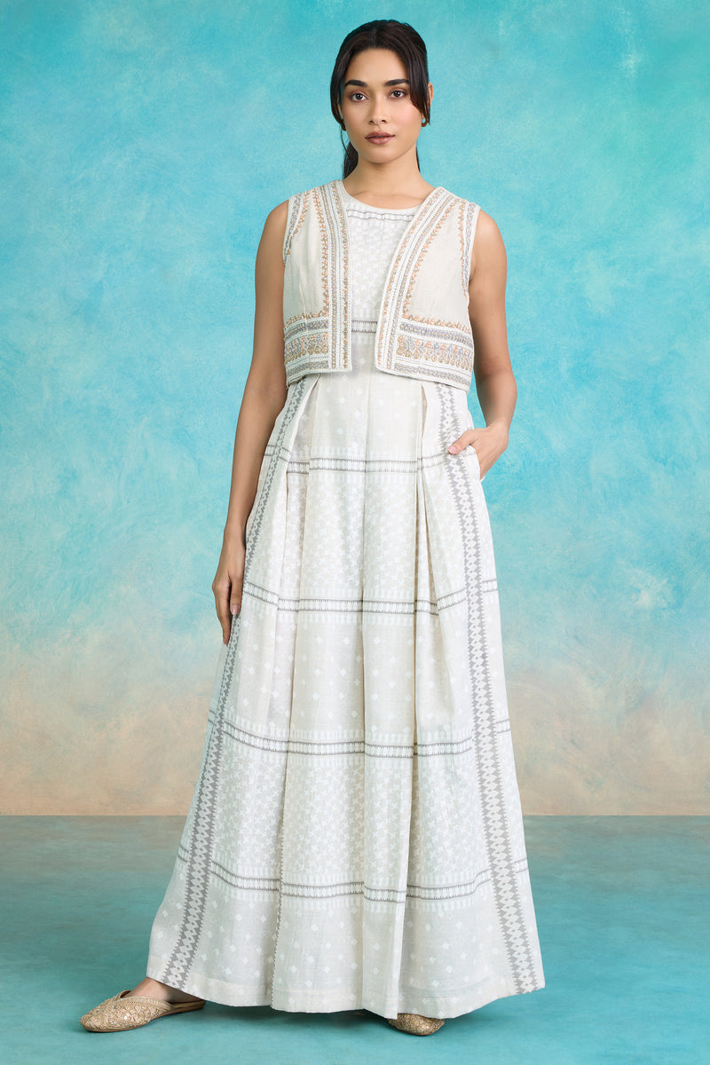 The 'Chandni' Ivory Stripe Jump Suit Set with Jacket