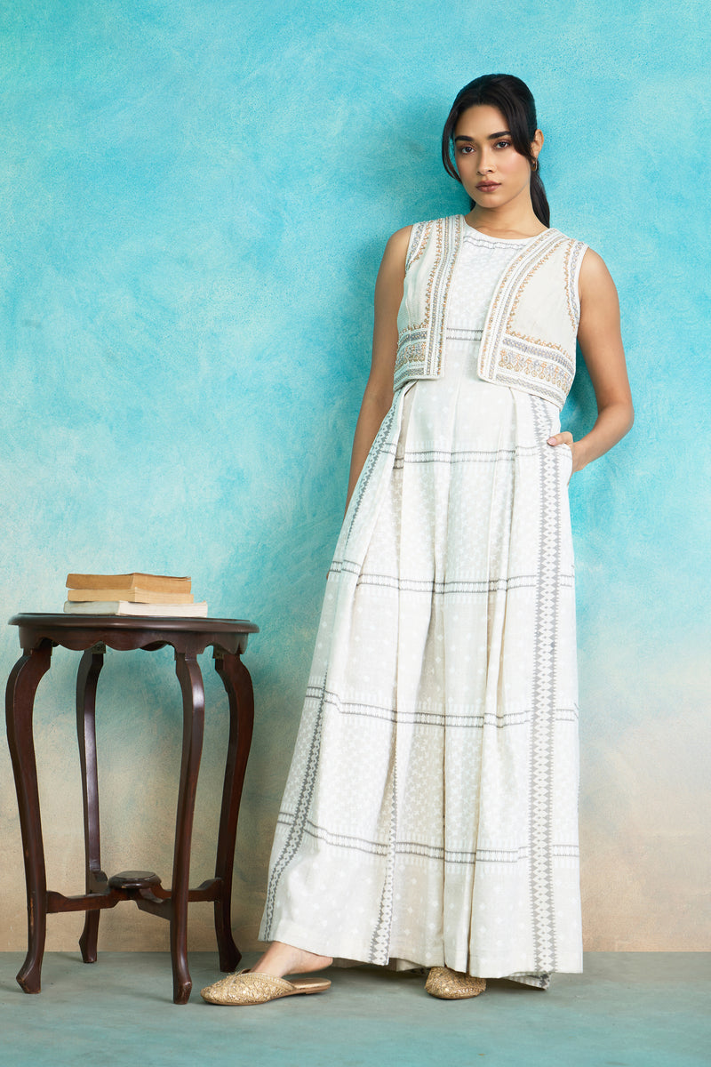 The 'Chandni' Ivory Stripe Jump Suit Set with Jacket