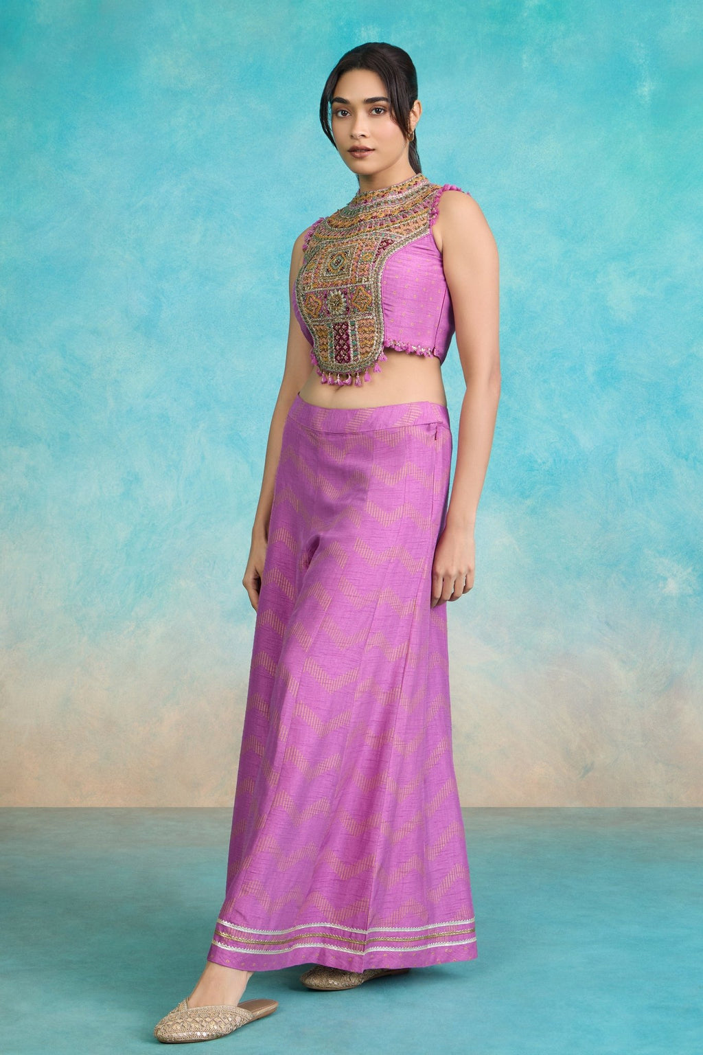 The 'Sandhya' Zardozi Raw Silk Crop Top - Palazzo Set - ilaaraThe 'Sandhya' Zardozi Raw Silk Crop Top - Palazzo Set