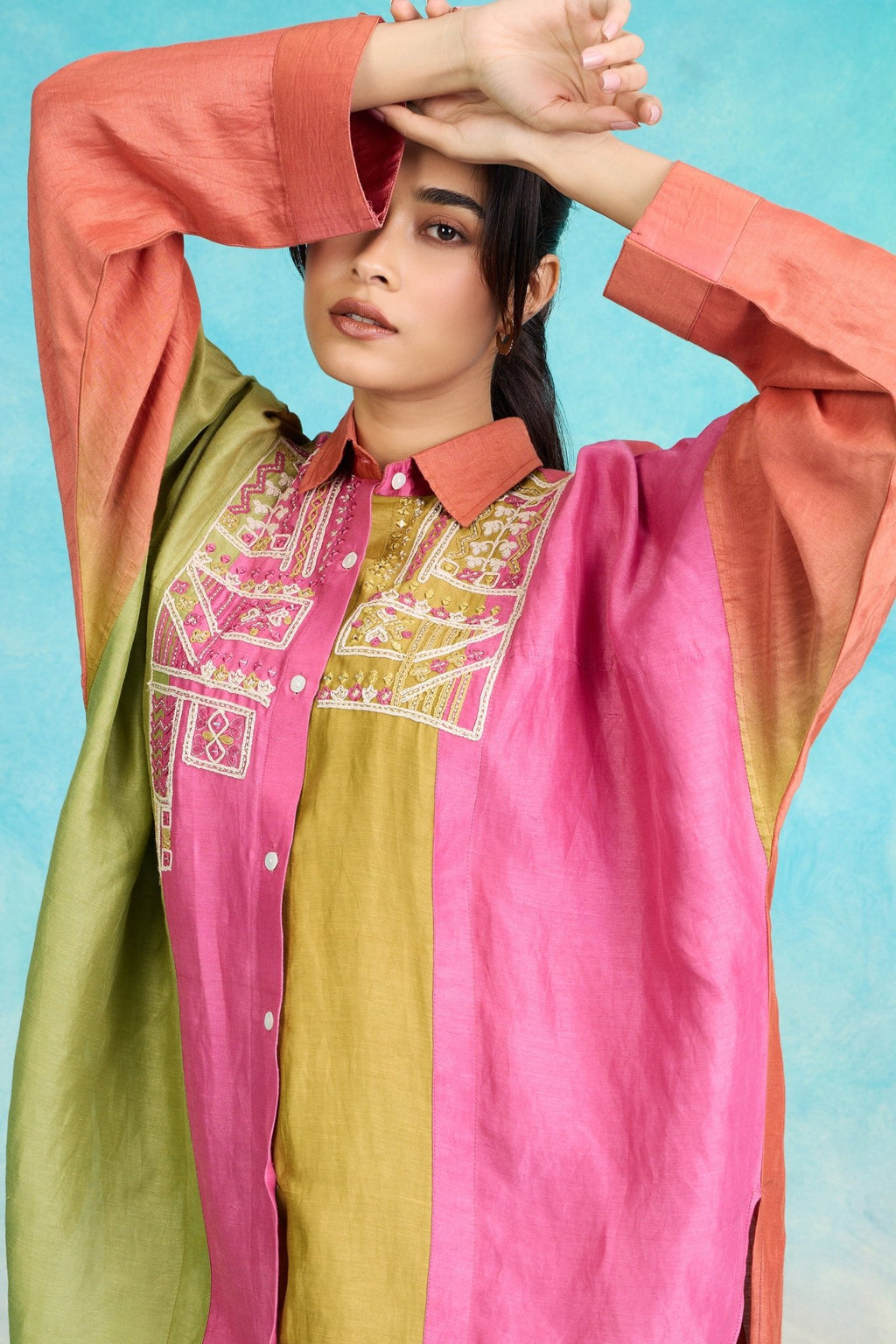 The 'Phulkari' Linen - Satin Shirt - Palazzo Set - ilaaraThe 'Phulkari' Linen - Satin Shirt - Palazzo Set