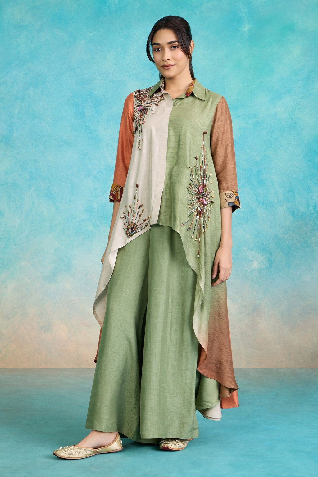 The 'Mayur - Van' Slub Satin Kurta - Palazzo Set - ilaaraThe 'Mayur - Van' Slub Satin Kurta - Palazzo Set