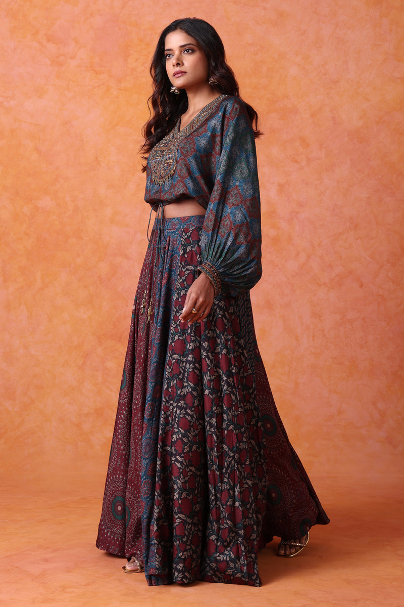 The 'Surkh-Neel' Crop Top Set