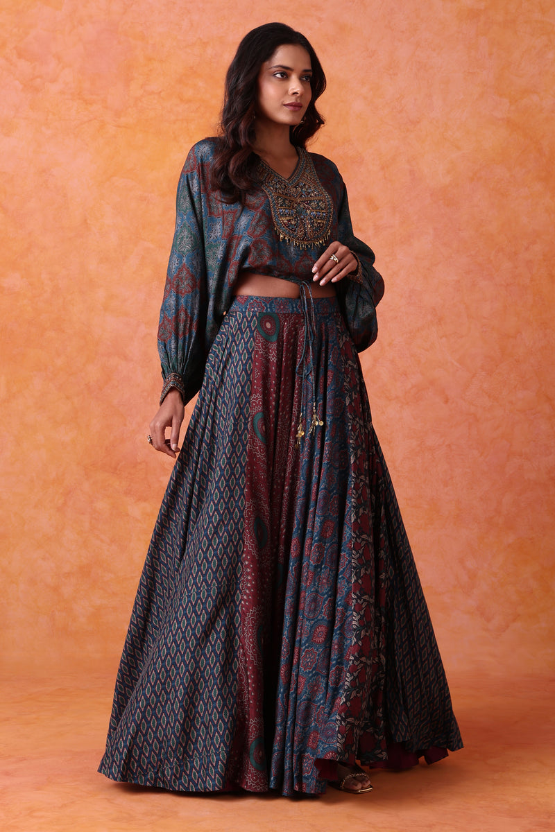 The 'Surkh-Neel' Crop Top Set