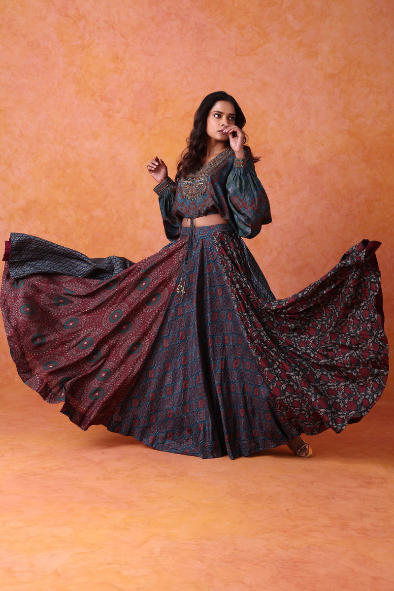The 'Surkh-Neel' Crop Top Set