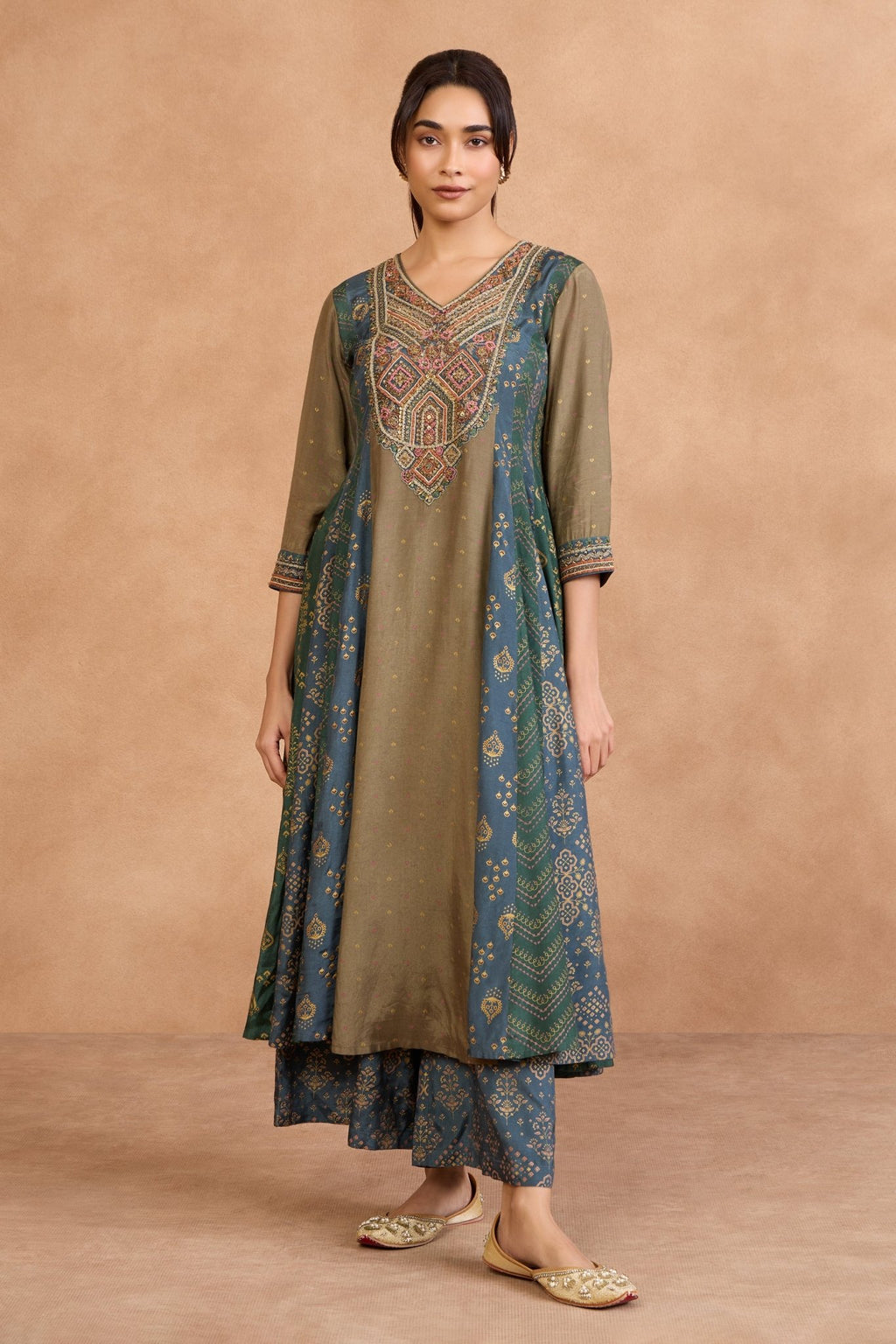 The 'Jal - Aranya' Geometric Embroidery Malai Silk Anarkali - Palazzo Set - ilaaraThe 'Jal - Aranya' Geometric Embroidery Malai Silk Anarkali - Palazzo Set