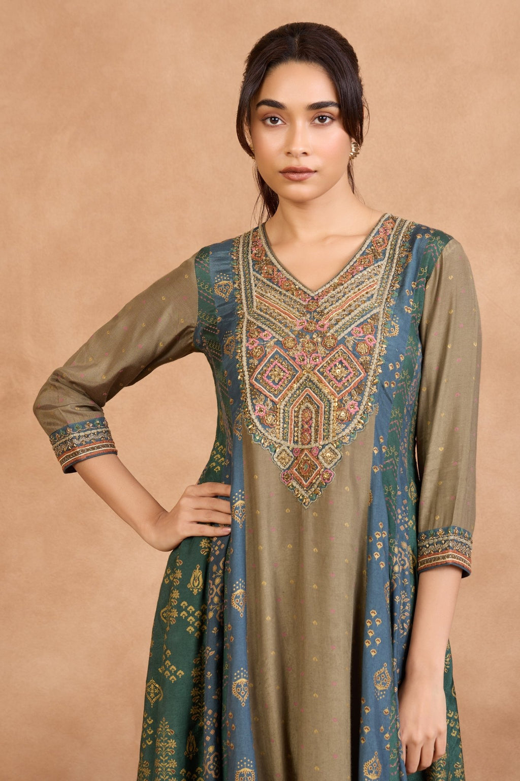 The 'Jal - Aranya' Geometric Embroidery Malai Silk Anarkali - Palazzo Set - ilaaraThe 'Jal - Aranya' Geometric Embroidery Malai Silk Anarkali - Palazzo Set