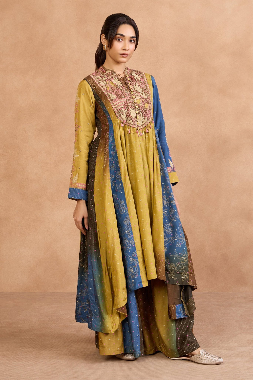The 'Sarson - Neel' Malai Silk Anarkali - Palazzo Set - ilaaraThe 'Sarson - Neel' Malai Silk Anarkali - Palazzo Set