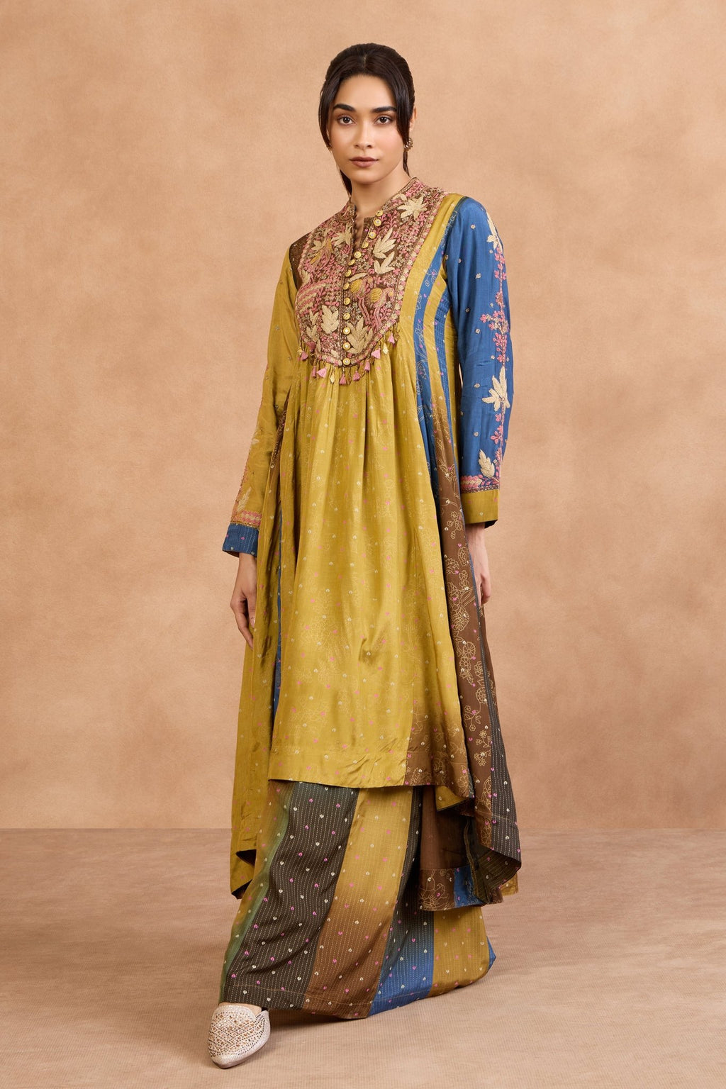 The 'Sarson - Neel' Malai Silk Anarkali - Palazzo Set - ilaaraThe 'Sarson - Neel' Malai Silk Anarkali - Palazzo Set