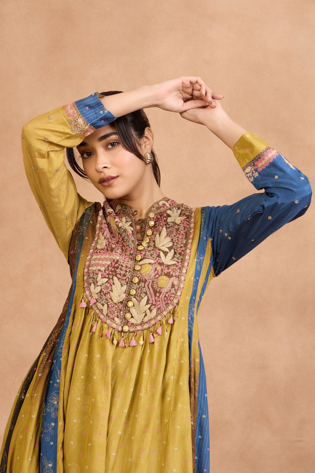 The 'Sarson - Neel' Malai Silk Anarkali - Palazzo Set - ilaaraThe 'Sarson - Neel' Malai Silk Anarkali - Palazzo Set