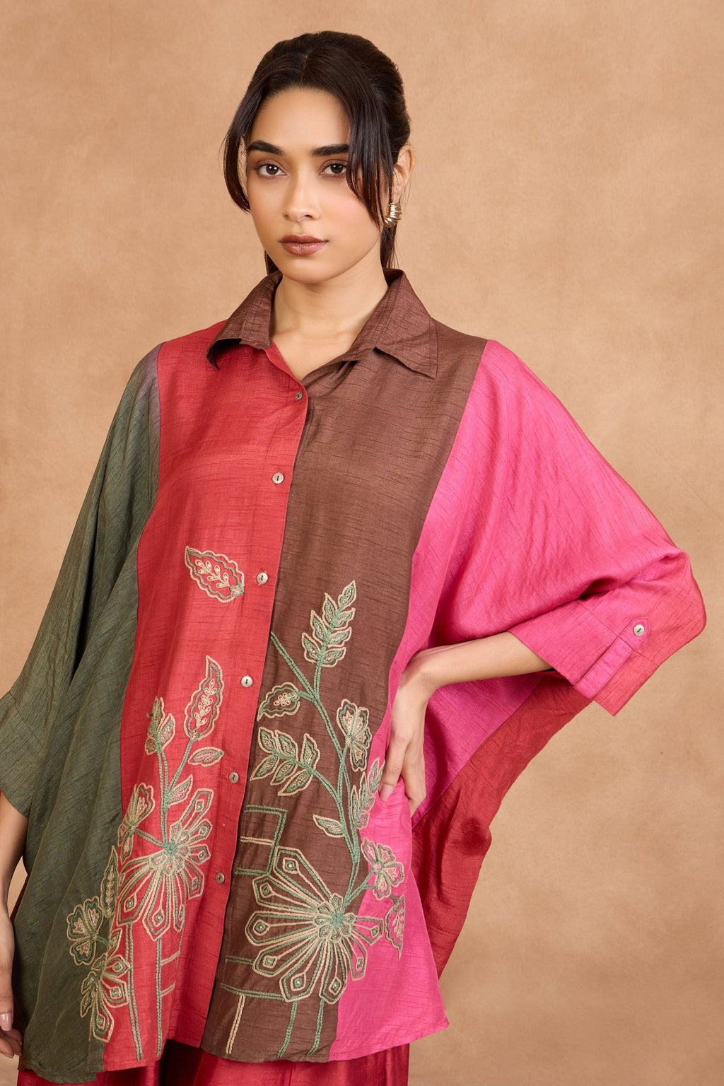 The 'Surkh - Bagh' Floral Embroidery Raw Silk Shirt - Palazzo Set - ilaaraThe 'Surkh - Bagh' Floral Embroidery Raw Silk Shirt - Palazzo Set