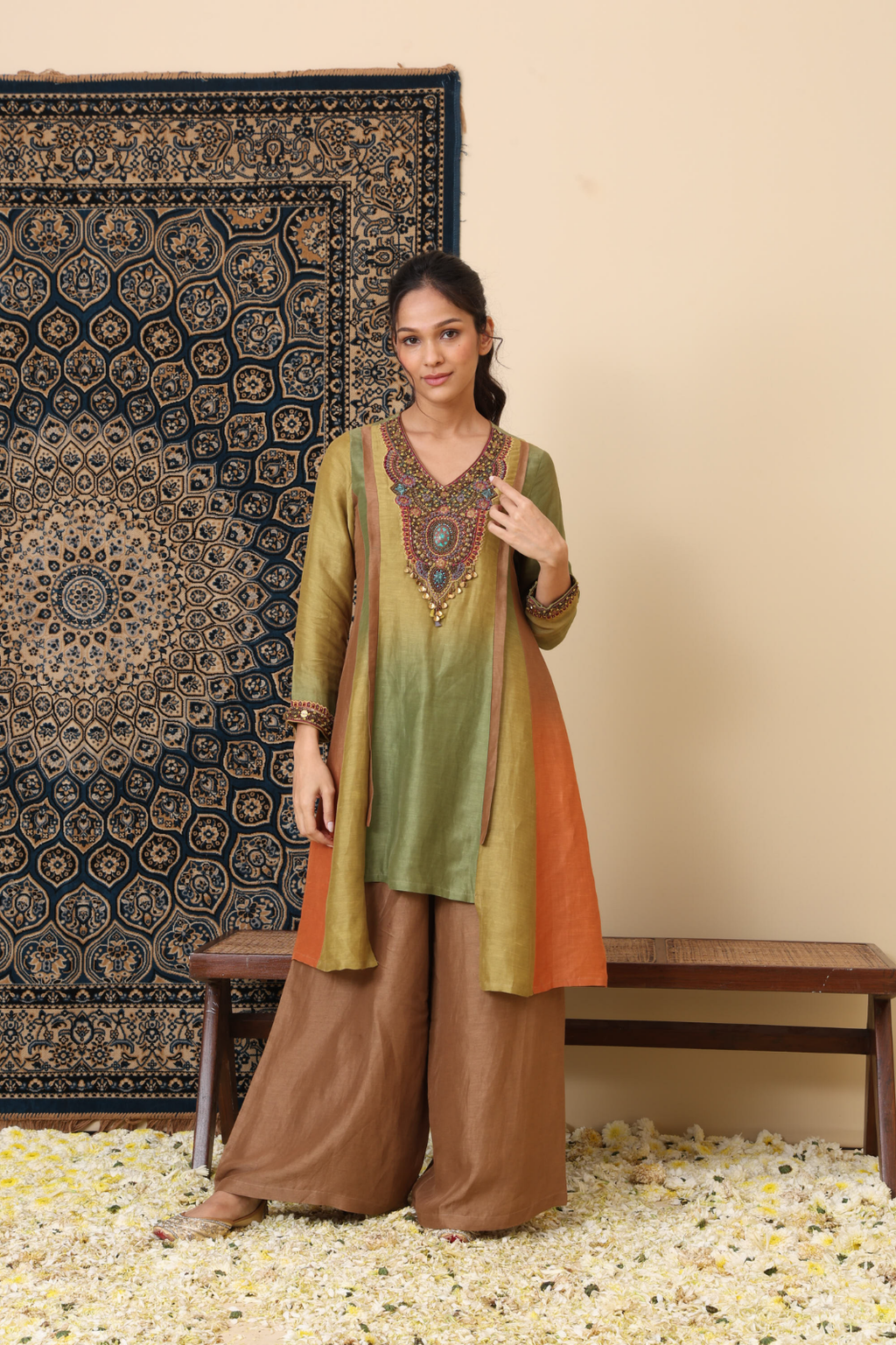 The 'Chandan' Hand-Embroidered Linen Satin Kurta Set