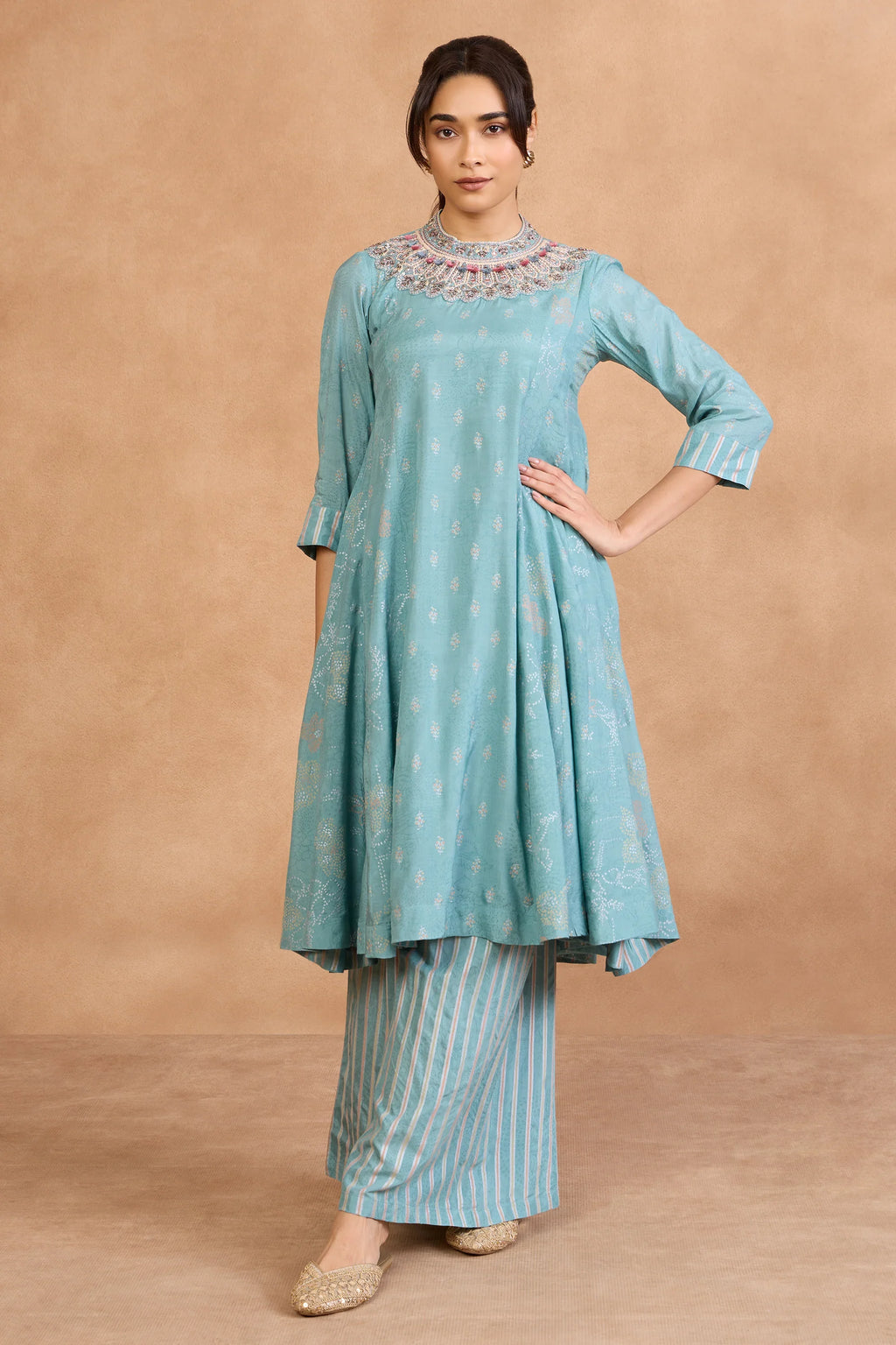 Teal embroidered kurta with striped palazzo pants, festive Indian outfit for special occasions