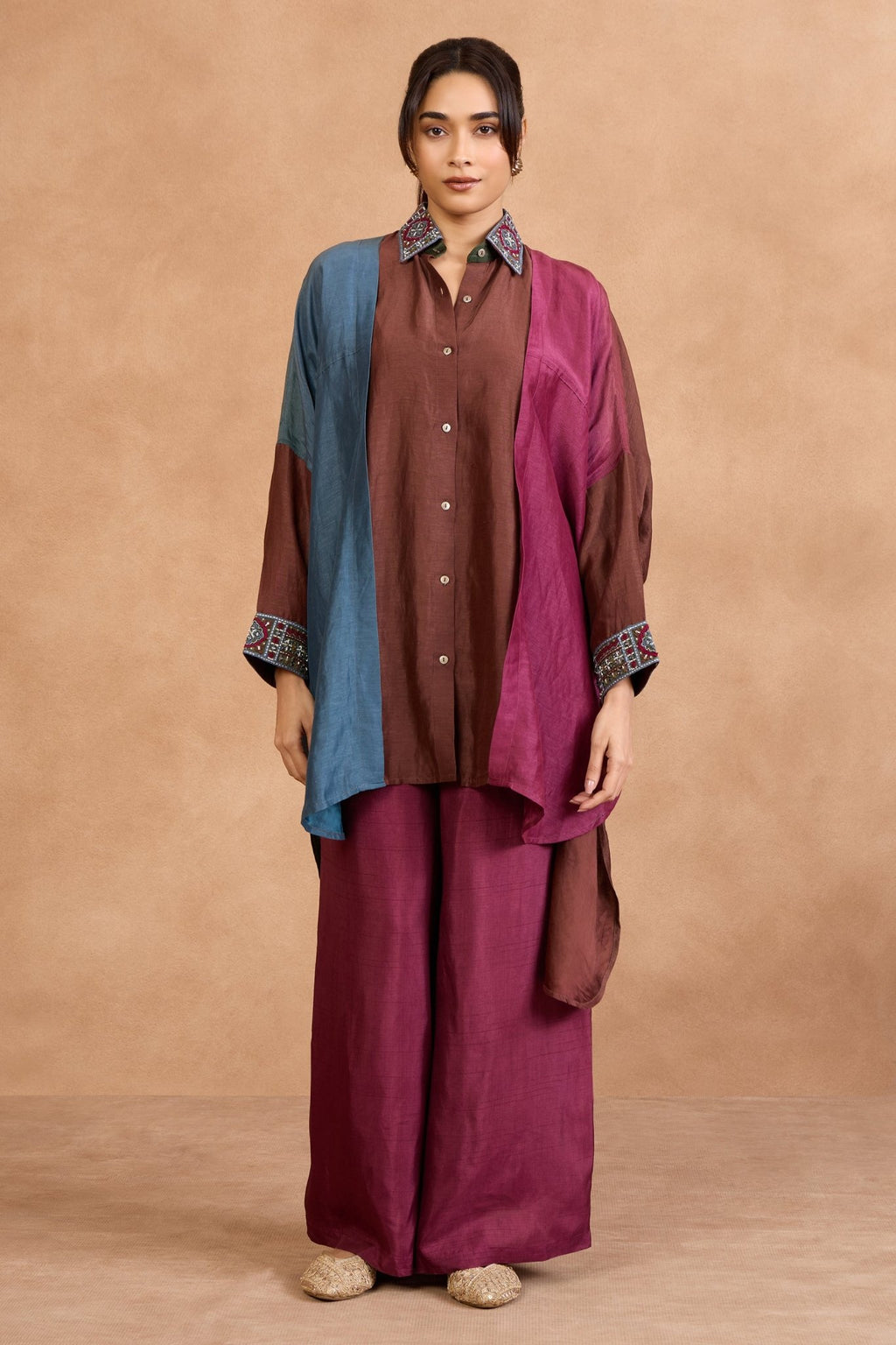 The 'Angoor' Wine Linen - Satin Shirt - Palazzo Set - ilaaraThe 'Angoor' Wine Linen - Satin Shirt - Palazzo Set