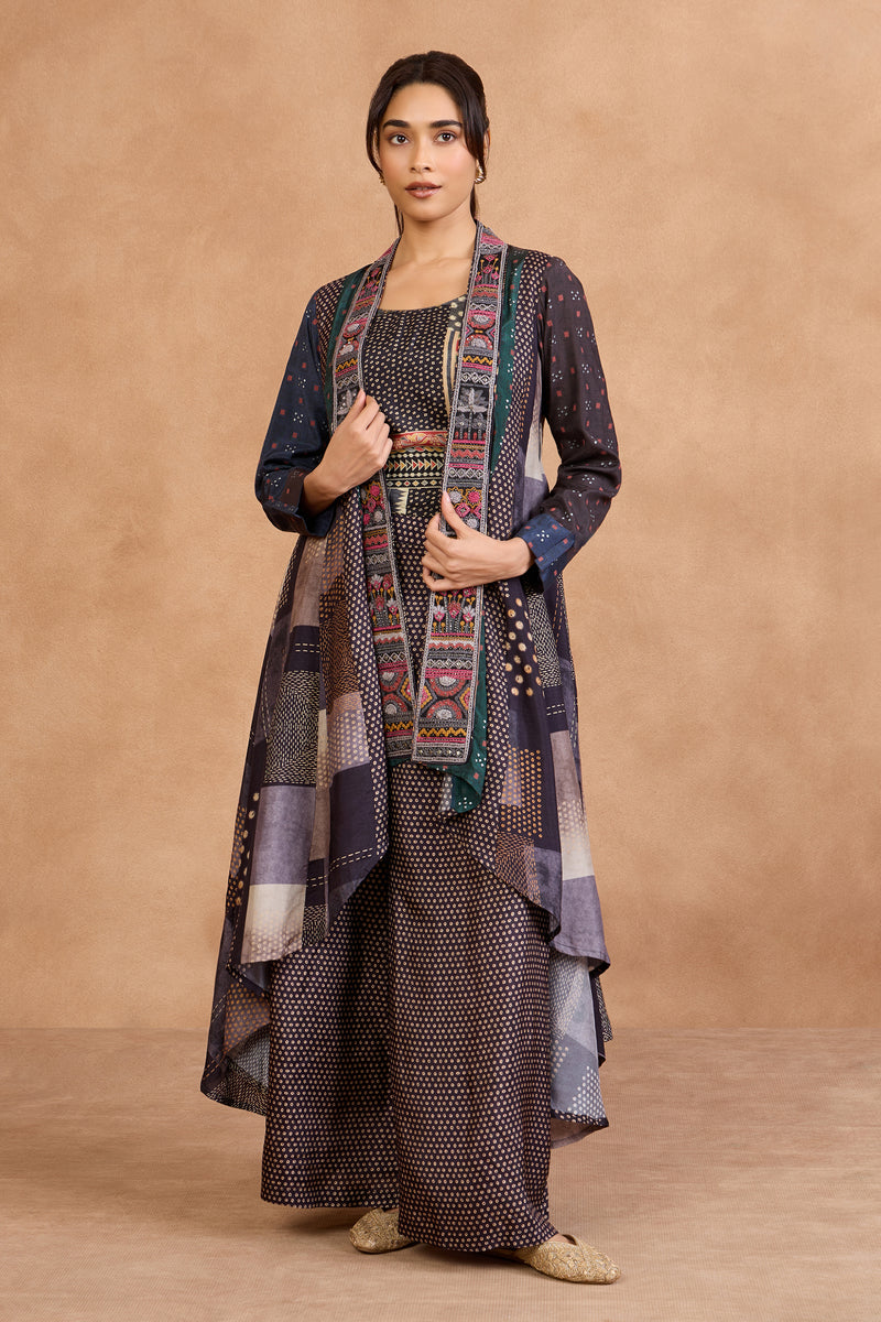 The 'Neelambari' Printed Jacket-Crop Top-Pant Set