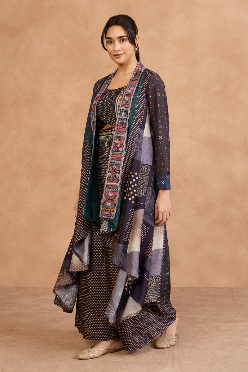 The 'Neelambari' Printed Jacket-Crop Top-Pant Set