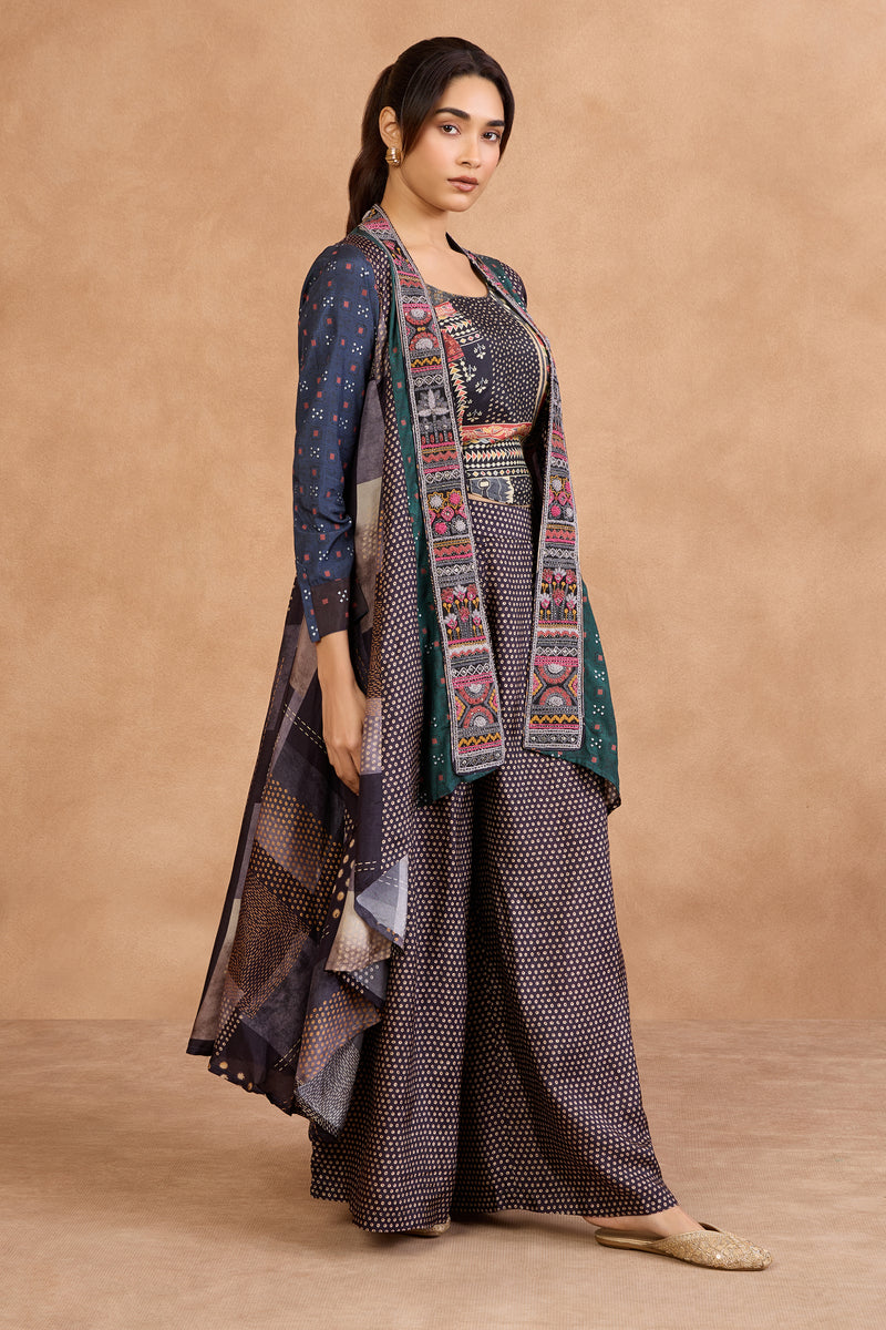 The 'Neelambari' Printed Jacket-Crop Top-Pant Set