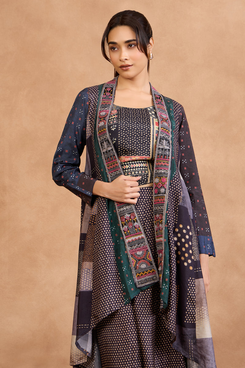 The 'Neelambari' Printed Jacket-Crop Top-Pant Set