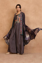 The 'Neelambari' Printed Muslin Silk Jacket - Crop Top - Pant Set - ilaaraThe 'Neelambari' Printed Muslin Silk Jacket - Crop Top - Pant Set