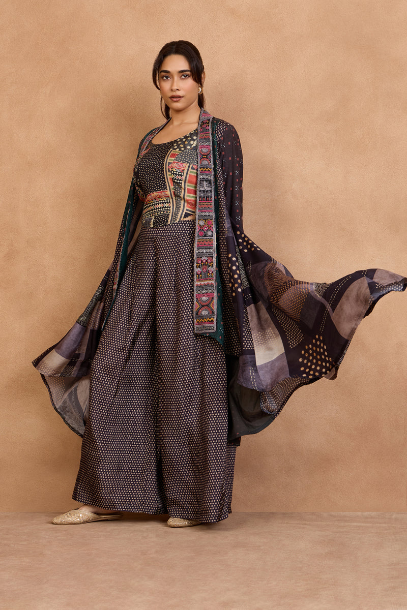 The 'Neelambari' Printed Jacket-Crop Top-Pant Set