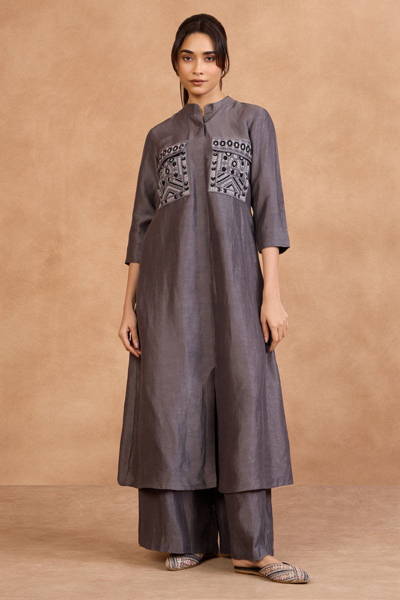 The 'Surma' Graphite Long Kurta-Palazzo Set