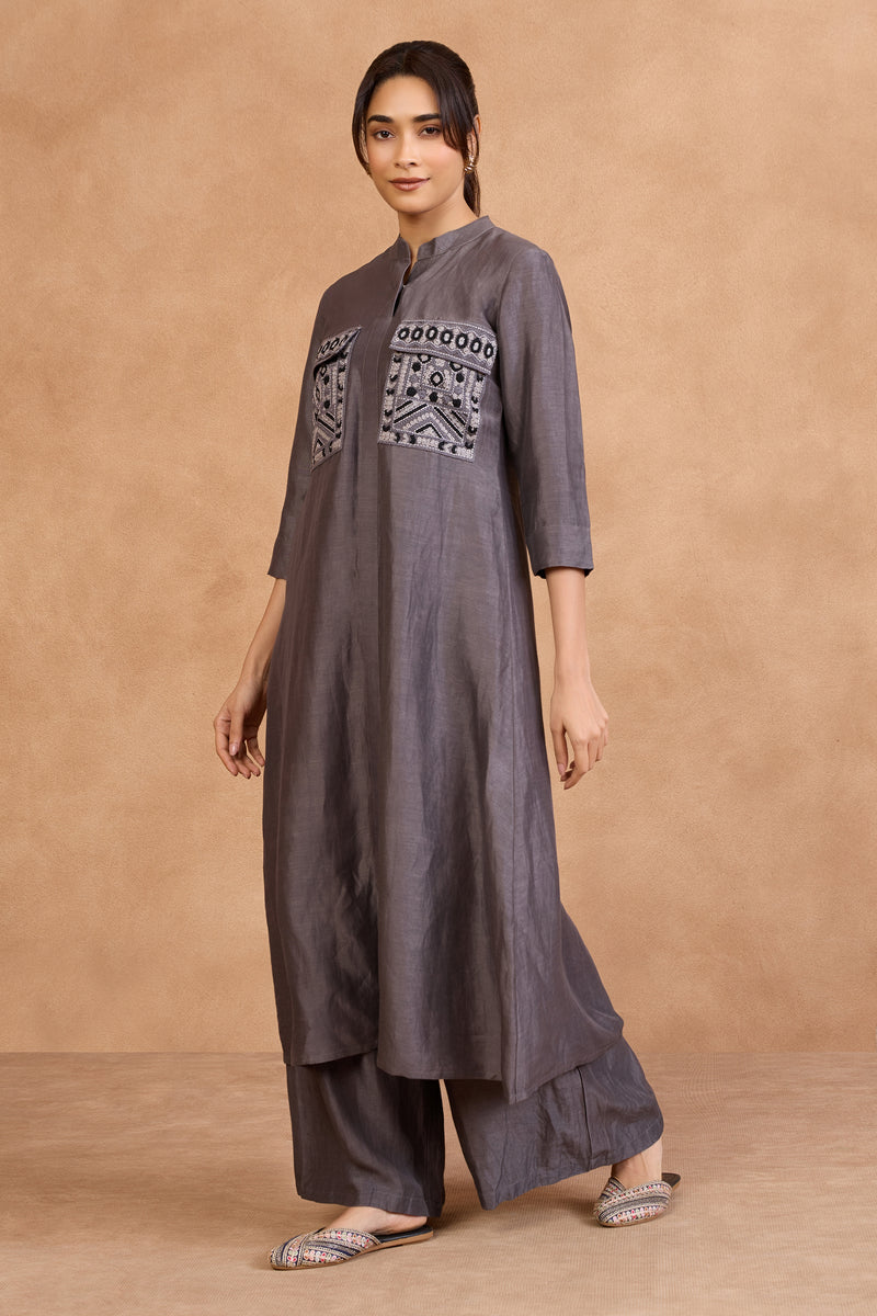The 'Surma' Graphite Long Kurta-Palazzo Set