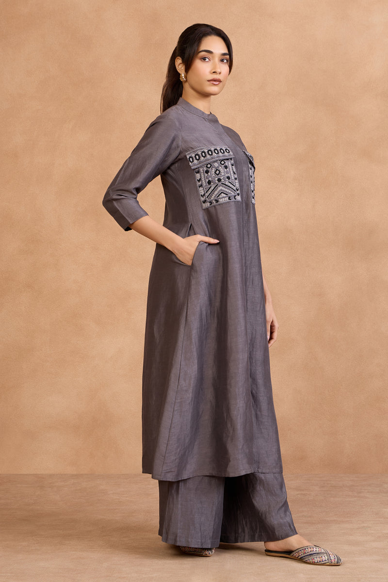 The 'Surma' Graphite Long Kurta-Palazzo Set