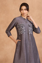 The 'Surma' Graphite Linen - Satin Long Kurta - Palazzo Set - ilaaraThe 'Surma' Graphite Linen - Satin Long Kurta - Palazzo Set