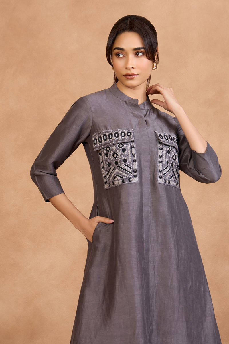 The 'Surma' Graphite Long Kurta-Palazzo Set