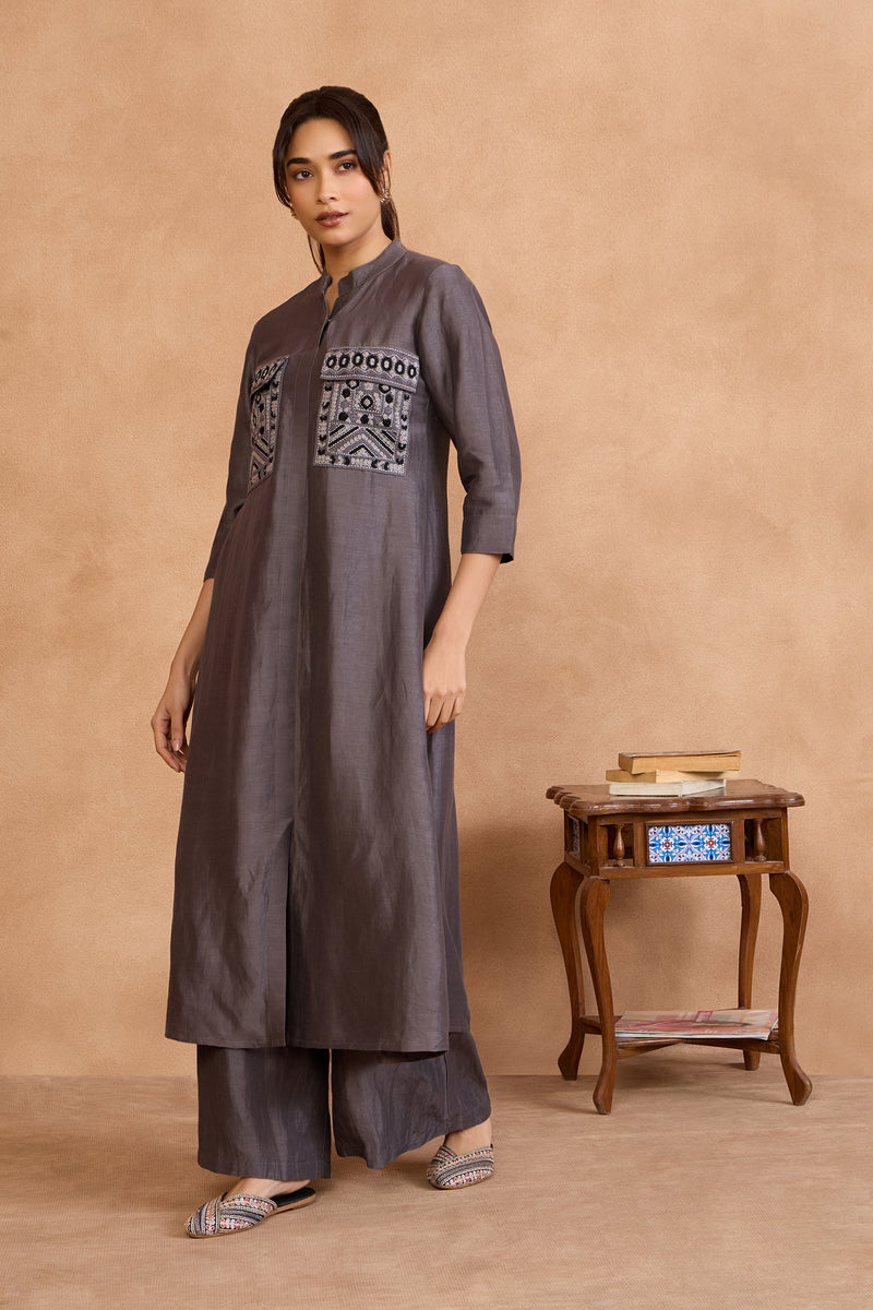 The 'Surma' Graphite Long Kurta-Palazzo Set